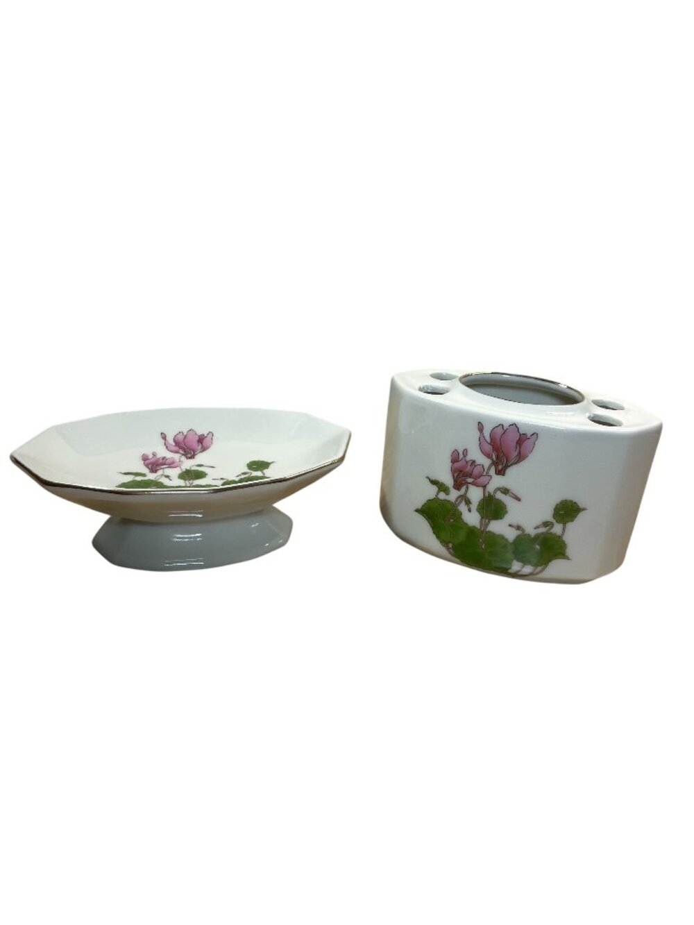 Vintage Otagiri Cyclamen Vanity Set Toothbrush/Makeup Brush Holder Soap Dish